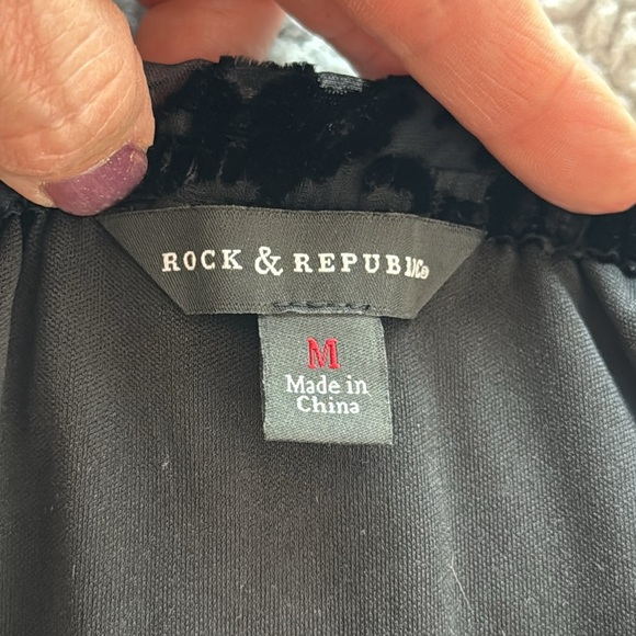 Rock & Republic Black Top Burn Out Velvet Gathered Neck Dark Whimsigoth Y2K M - Picture 6 of 9